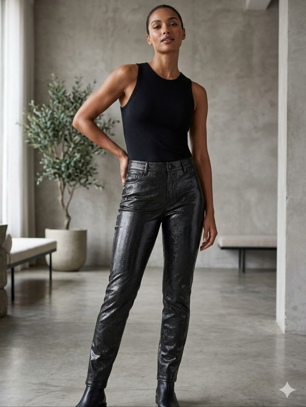 Vicinity Black Foiled Faux Leather Leggings / Pants Sleek Metallic Finish